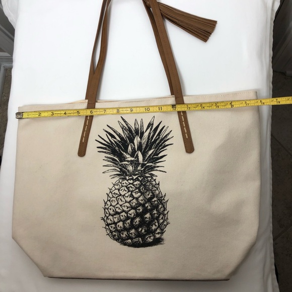 Sonoma Pineapple Natural Canvas Snap Closure Tassel Detail Hard Bottom Tote Bag, - Picture 16 of 16